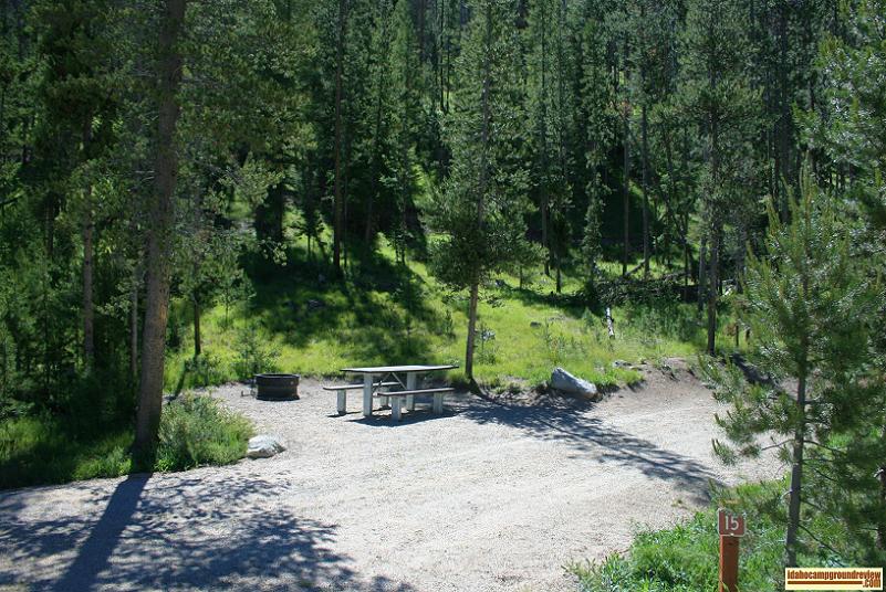 RV camping site in Casino Creek Campground on the Salmon River NE of Stanley, Idaho.