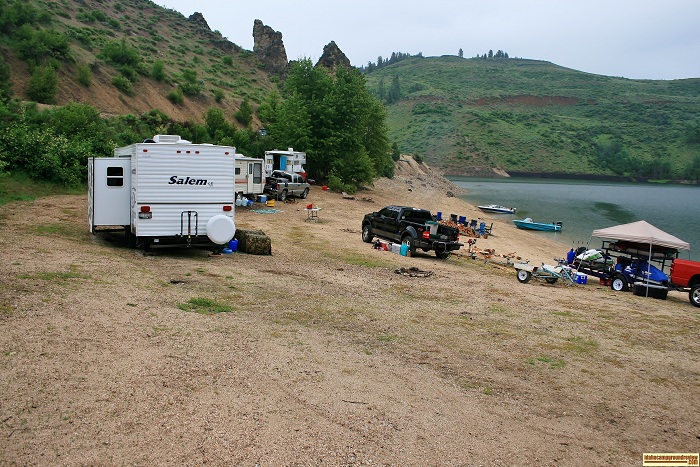 Even the beach is used for a campsite if the water is low, camping in Castle Creek Campground on Anderson Ranch Reservoir.
