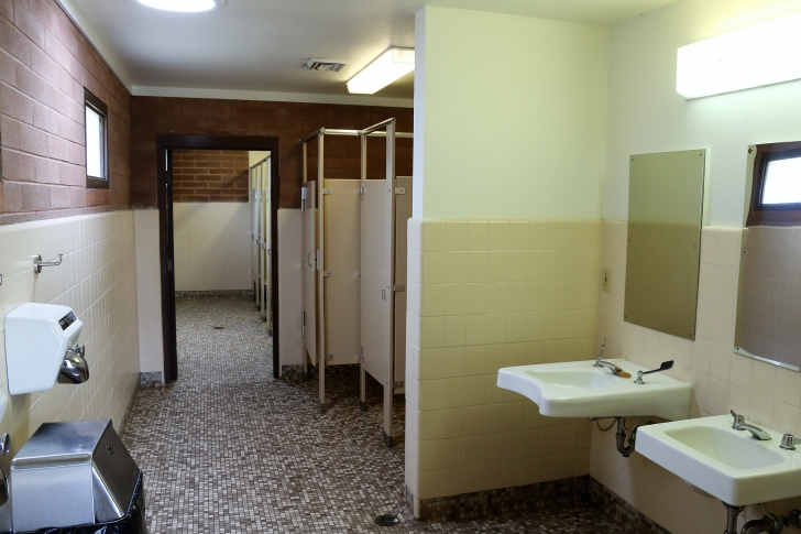 Checkout this inside view of the mens room, lavs, flushing toilets and showers.