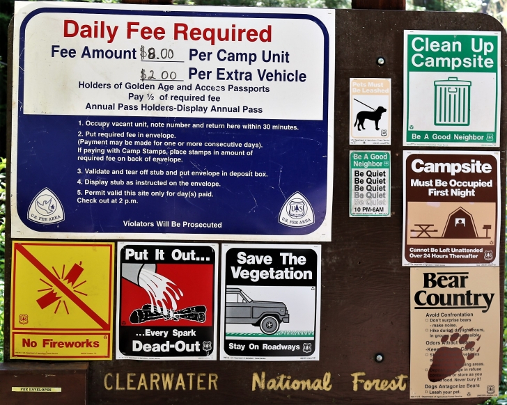 A picture of some of the campground information signs at Giant White Pine Campground.