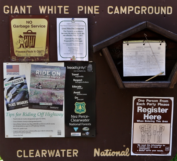 a picture of some of the information signs at Giant White Pine Campground.