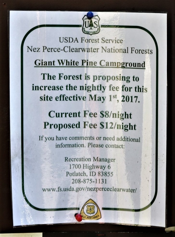 A picture of the campground fees sign (2017) for Giant White Pine Campground.