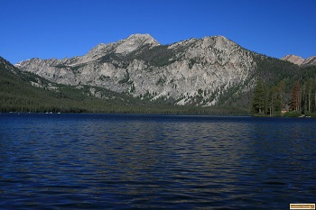 View of mountains above Pettit Lake in the Sawtooth National Recreation Area.
