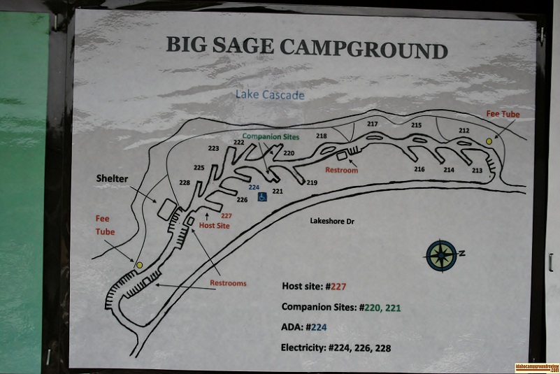 The map of Big Sage Campground, part of Lake Cascade State Park.