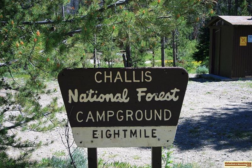 The sign at the entrance to Eightmile Campground  on the Yankee Fork of the Salmon River NE of Stanley, Idaho.