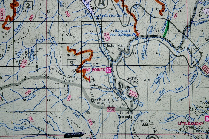 This map shows the area around Five Points Campground. There was no sign.