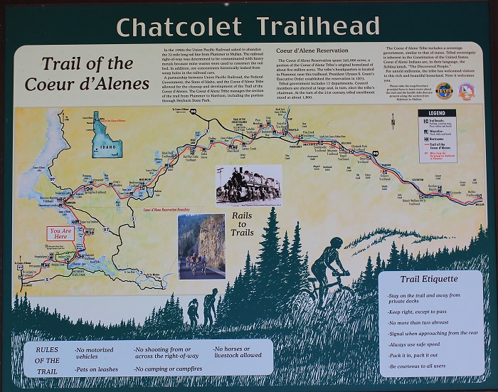 Chatcolet trailhead and Boat launch includes a large parking area for both the trailhead and boat launch, a picnic area with playground, restrooms and trail access. I have posted information signs fir