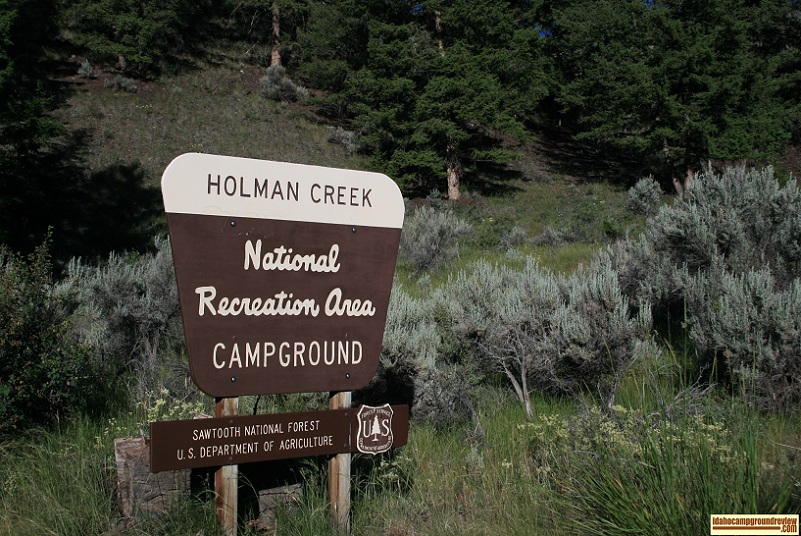 The sign at the entrance to Holman Creek Campground east of Stanley, Idaho along the Salmon River.