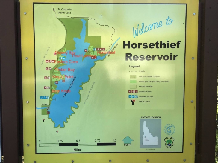 A map showing the names of each of the six loops in Horsethief Reservoir Campground.