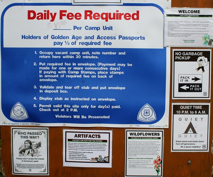 Lake Fork Campground camping info signs.