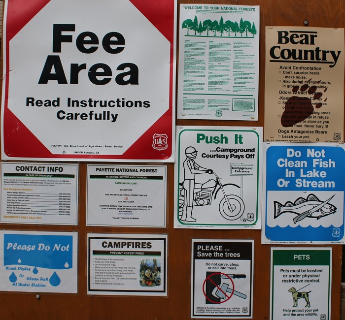 Lake Fork Campground camping info signs.