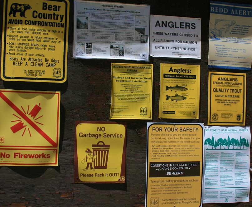 Info and warning signs at Marsh Creek Campground