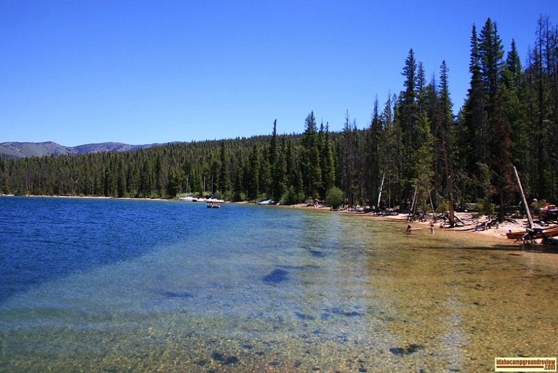 Sandy Beach Boat Ramp has a beach all along the lake. 
It is not as nice as the beaches on the north and west sides of the lake but is still good enough.