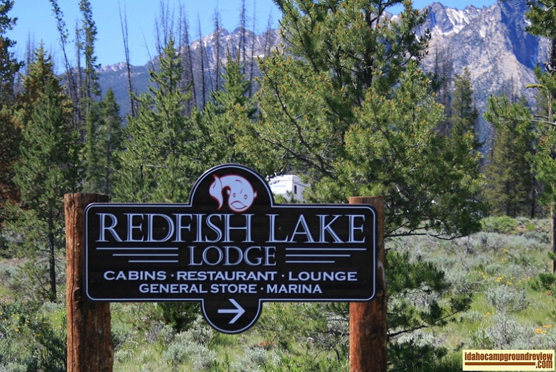 Redfish Lake Lodgeentrance sign. Watch for it after the central services area.
