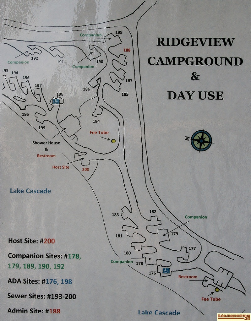 A map of Ridgeview Campground, part of Lake Cascade State Park.