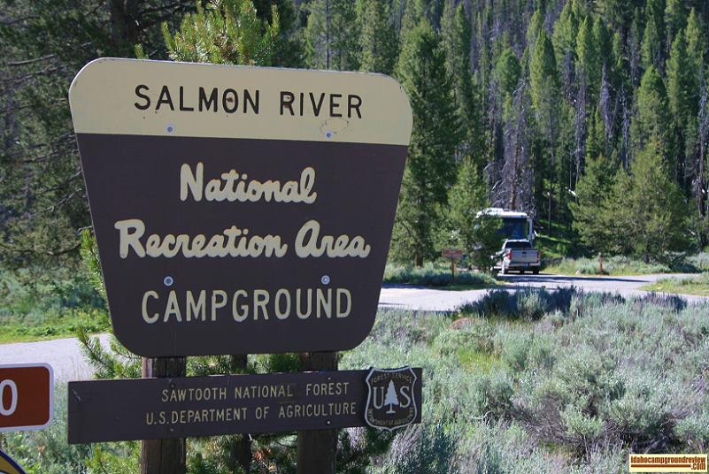 The sign at the entrance to Salmon River Campground NE of Stanley, Idaho.