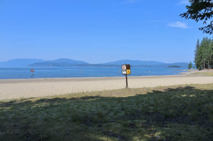 This is the view looking from a picnic table accross the volleyball beach. That is Lake Pend Orielle.