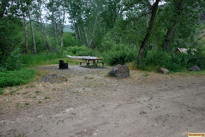 This camping site has a picnic table and fire ring with attached grill.