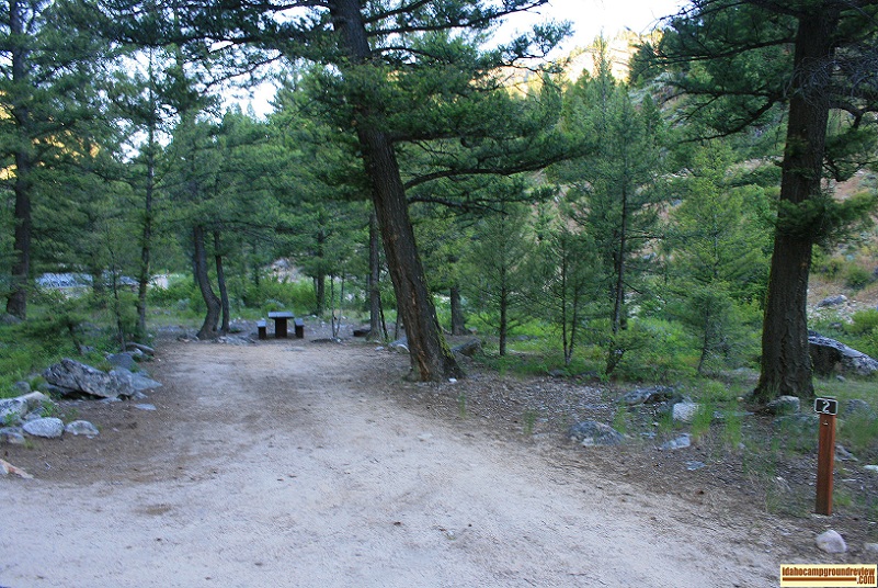 This is an RV camping site in Upper O'Brien Campground on the Salmon River NE of Stanley, Idaho.