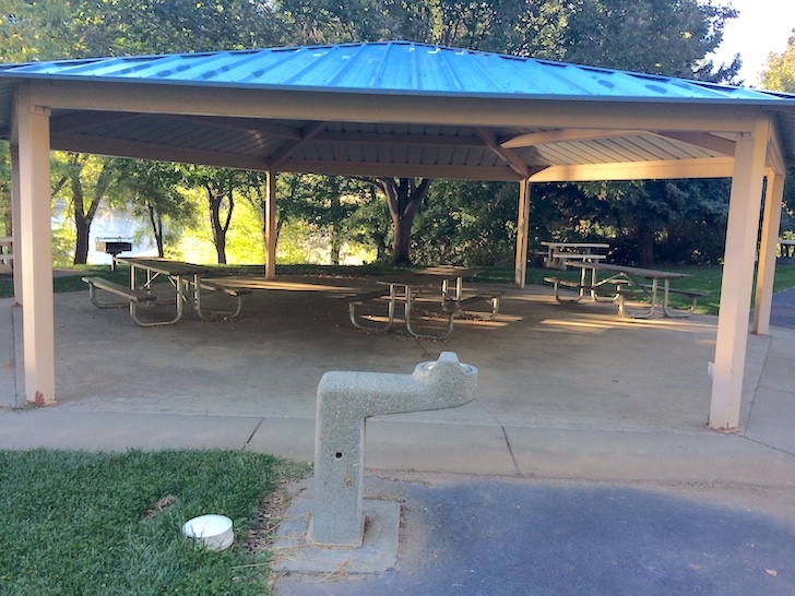 A picture of the group shelter in the day use area at Woodhead Park.